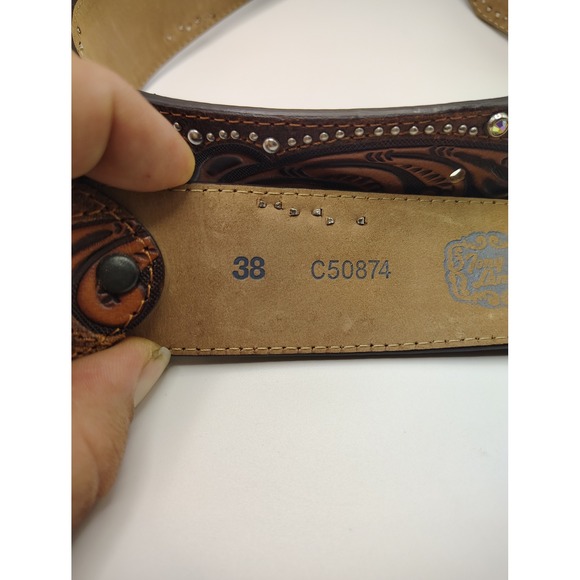 Tony Lama Western Cowgirl Belt Sparkle Rhinestone Feather Buckle Brown Size 38 - Picture 5 of 6